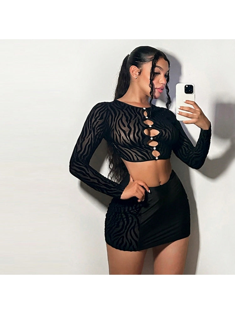 See Through Hollow Out Fitted Cropped Skirt Sets