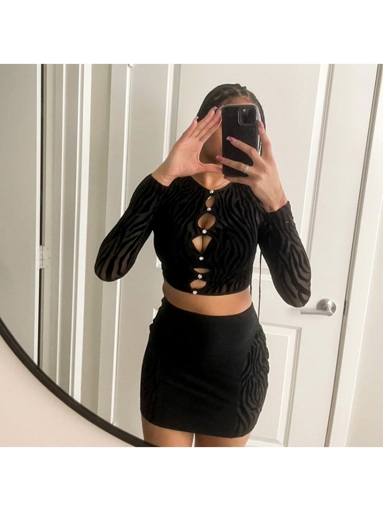 See Through Hollow Out Fitted Cropped Skirt Sets