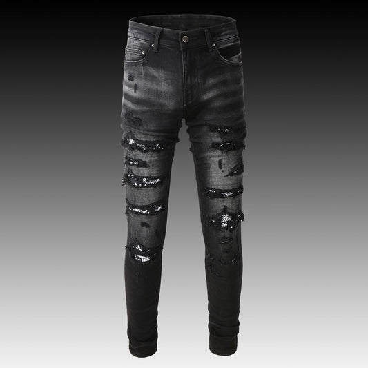 High Street Retro Black Gray Elastic Slim Fit Destroyed Ripped Jeans