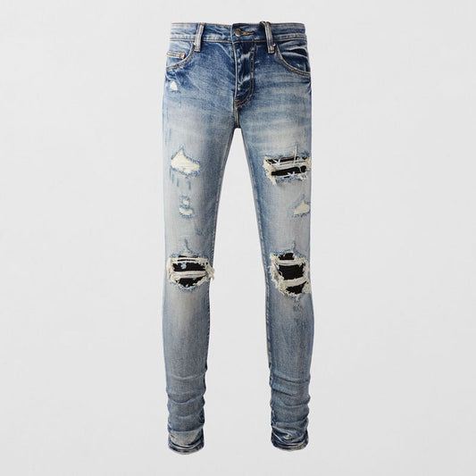 High Street Retro Light Blue Stretch Slim Fit Patched Ripped Jeans