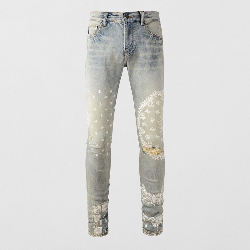 High Street Retro Light Gray Blue Stretch Hole Ripped Jeans