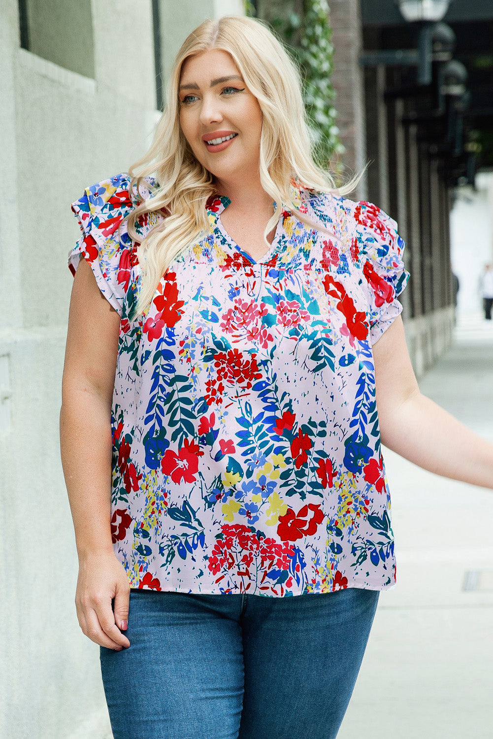 Red Plus Floral Print Ruffle Cap Sleeve V Neck Blouse-2