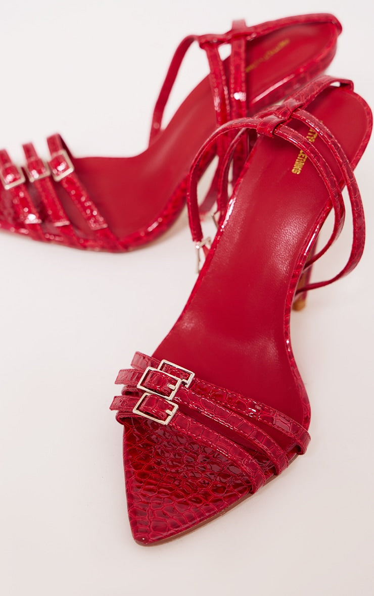 Cherry Red PU Croc Buckle Detail Heeled Sandals