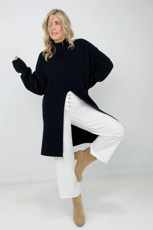 Mara Black Mockneck Front Slit Sweater For Women's Online