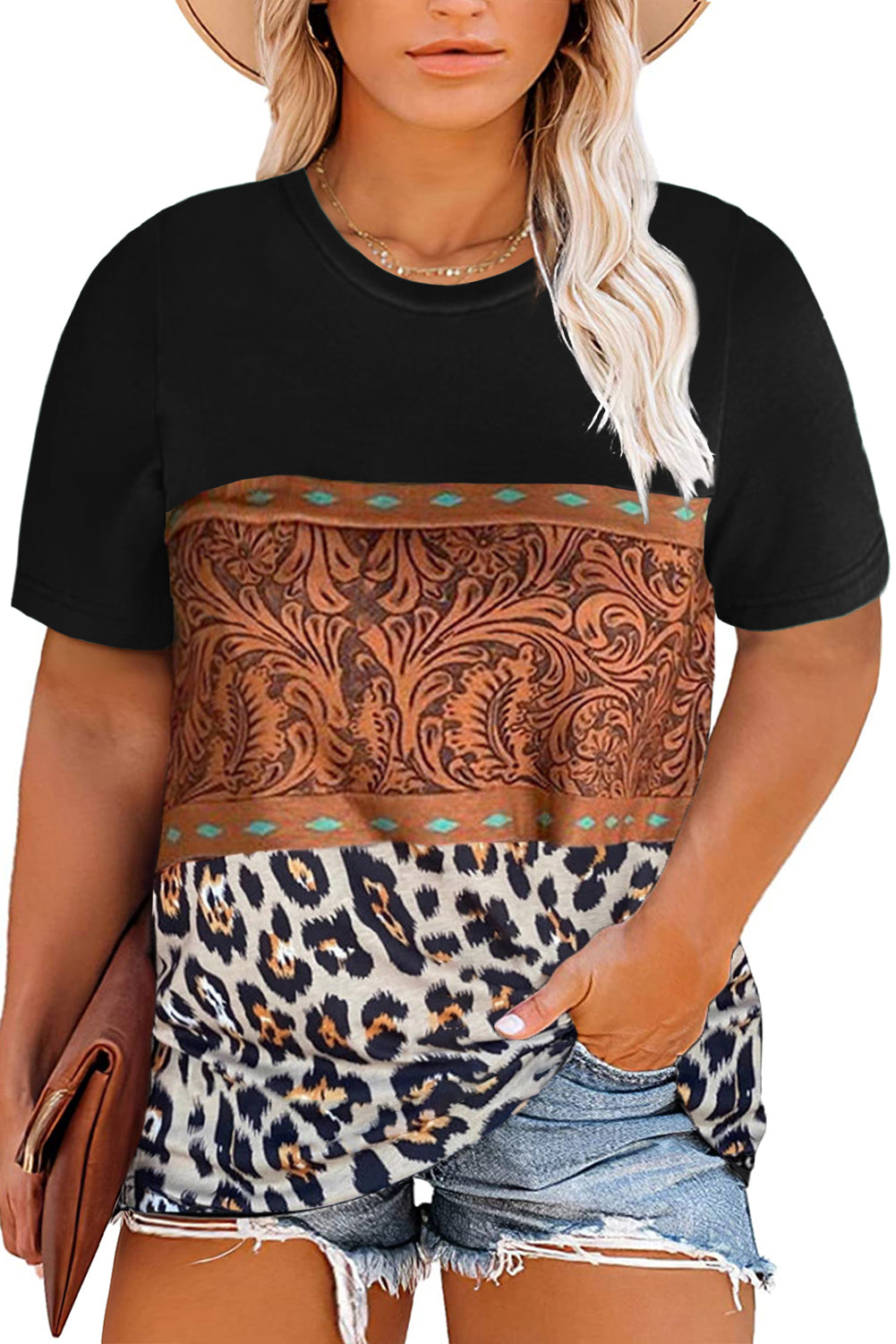 Black Marble Print Buckstitch Splicing Color Block Plus Size T-shirt-7