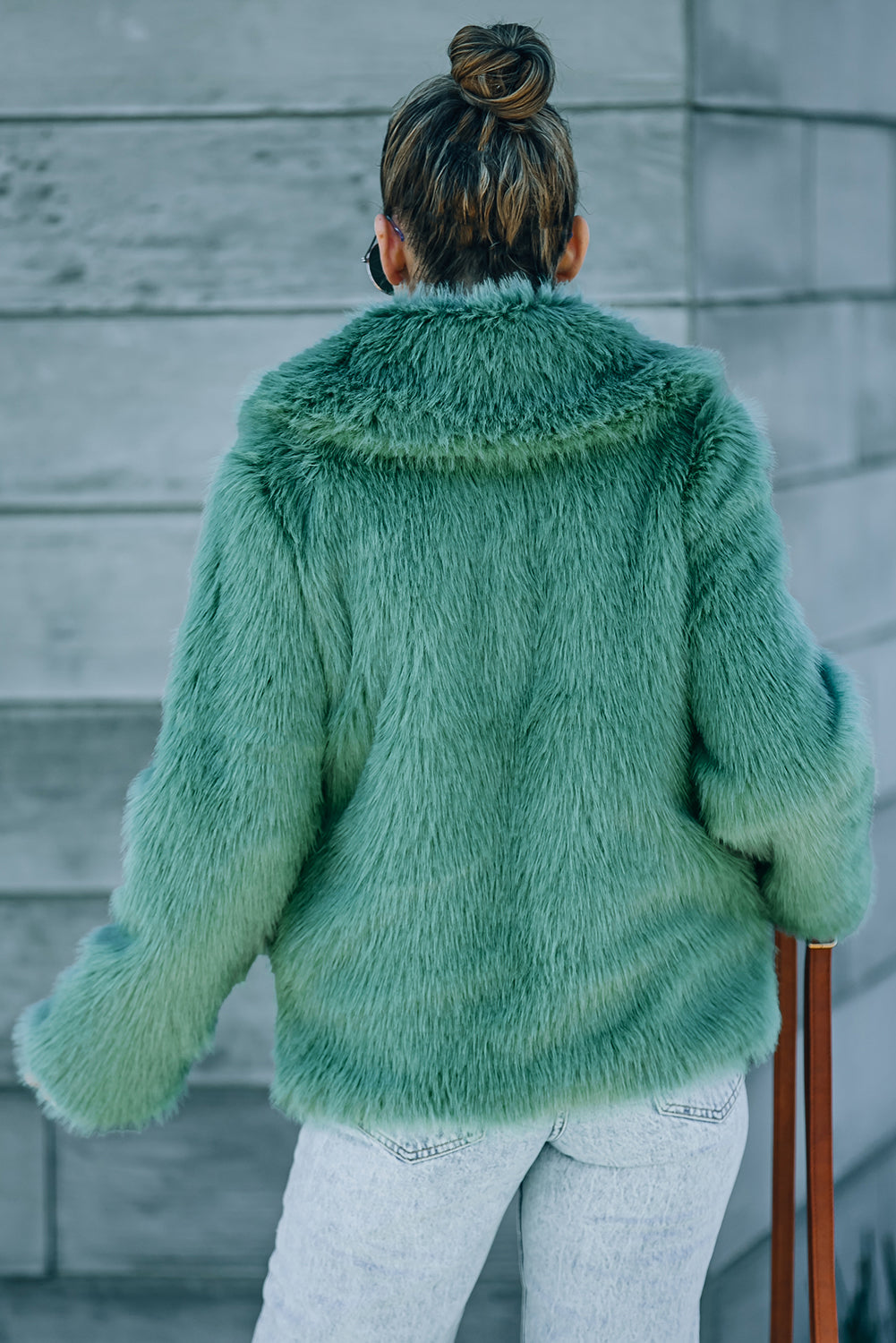 Green Collared Side Pockets Winter Fuzzy Coat-1