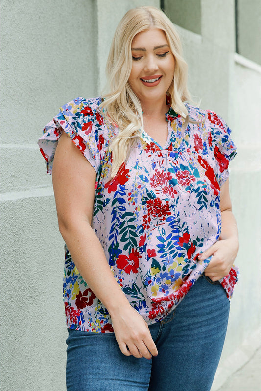 Red Plus Floral Print Ruffle Cap Sleeve V Neck Blouse-0