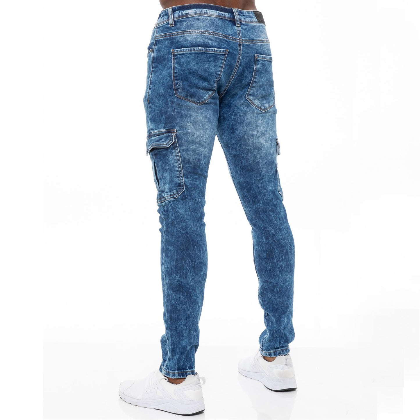 Enzo Mens Skinny Cargo Jeans Distressed Denim Stretch Fit Trousers Ripped Pants