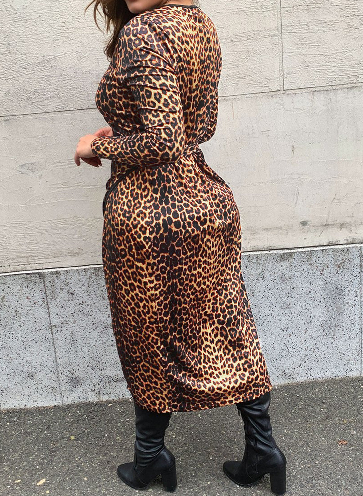 Brown Leopard Wrap V Neck Plus size Dress with A Slit-7