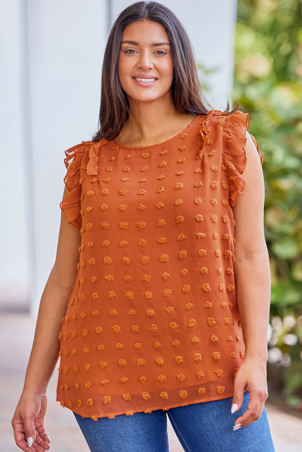 Orange Sheer Ruffle Detail Swiss Dot Curvy Tank Top-4