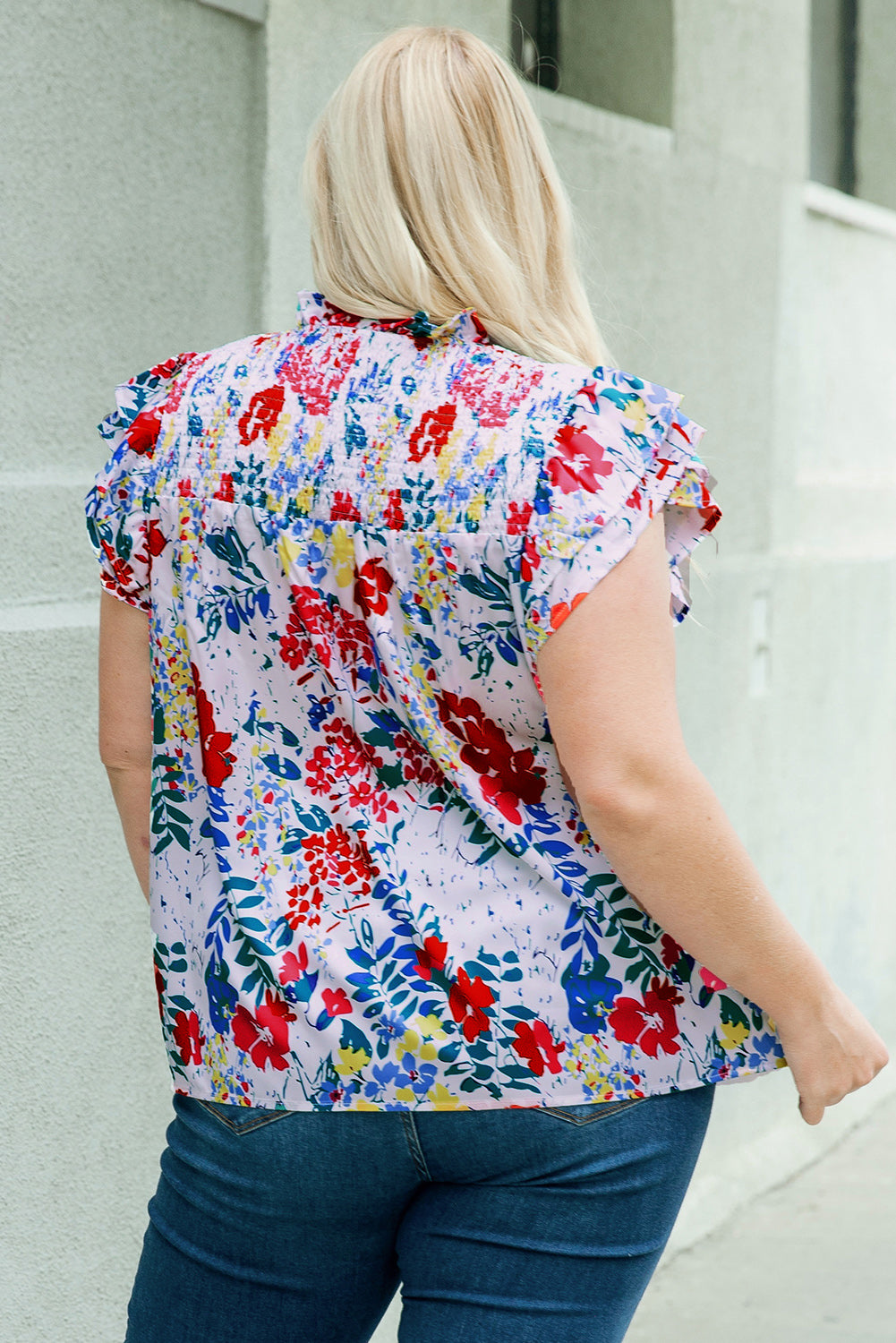 Red Plus Floral Print Ruffle Cap Sleeve V Neck Blouse-1