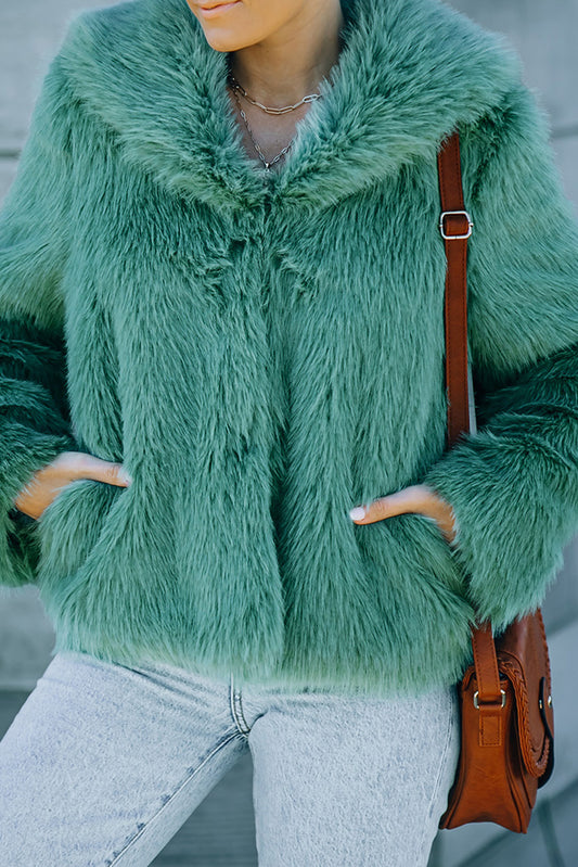 Green Collared Side Pockets Winter Fuzzy Coat-0