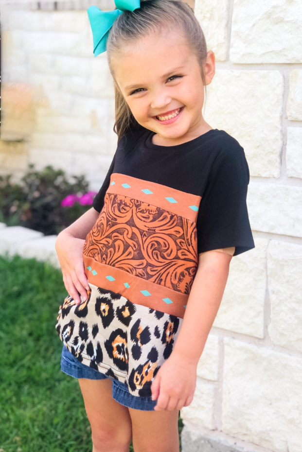 Brown Print Leopard Colorblock Girls' T-shirt-6