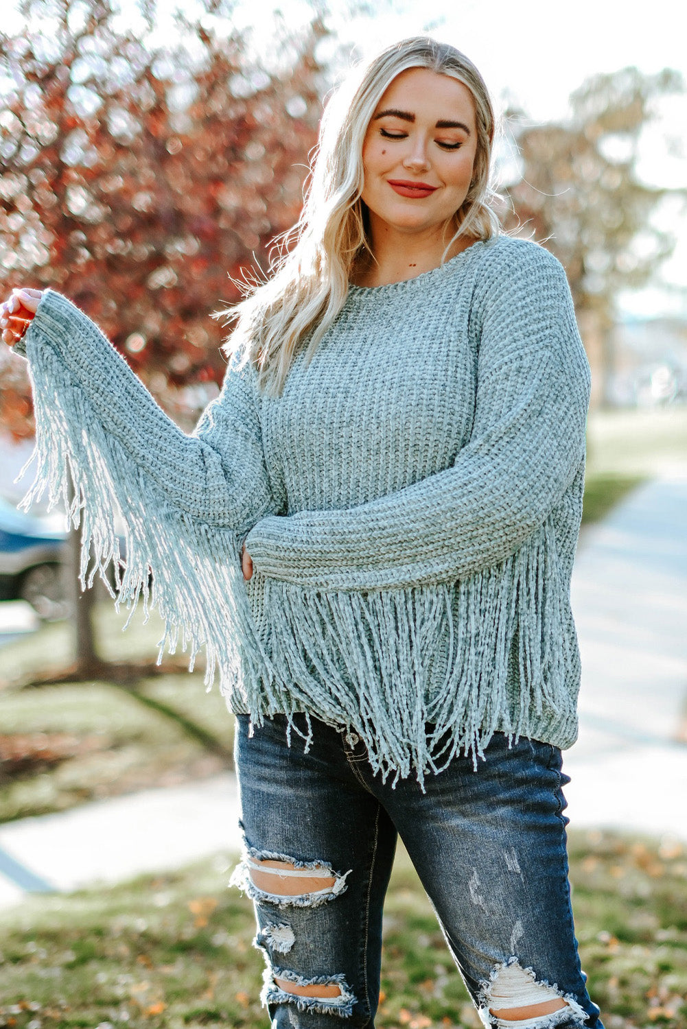 Gray Plus Size Fringed Long Sleeve Knit Sweater-2