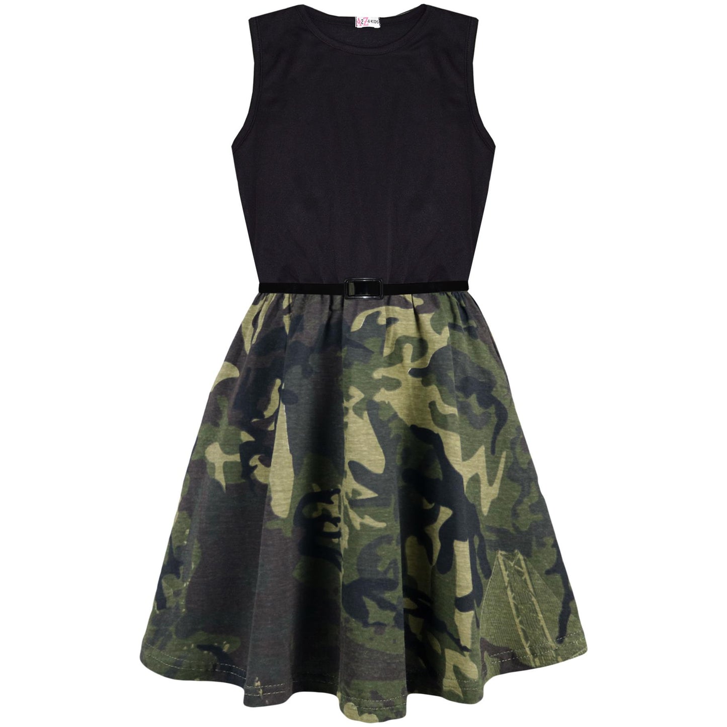 Girls Skater Dress Kids Camouflage Contrast Panel Summer Party Dresses 5-13 Year