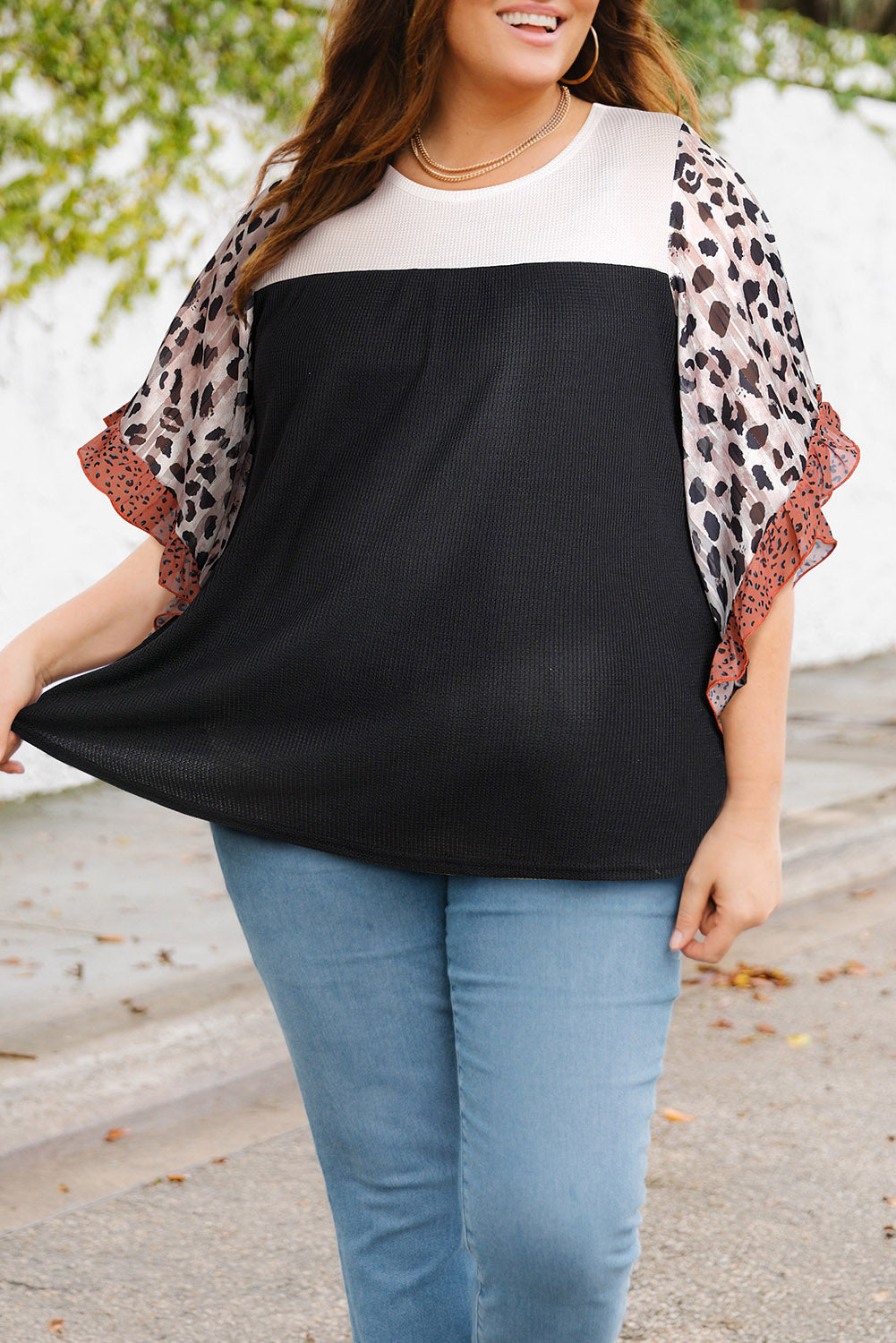 Black Waffle Knit Animal Print Ruffle Sleeves Plus Size Top-4