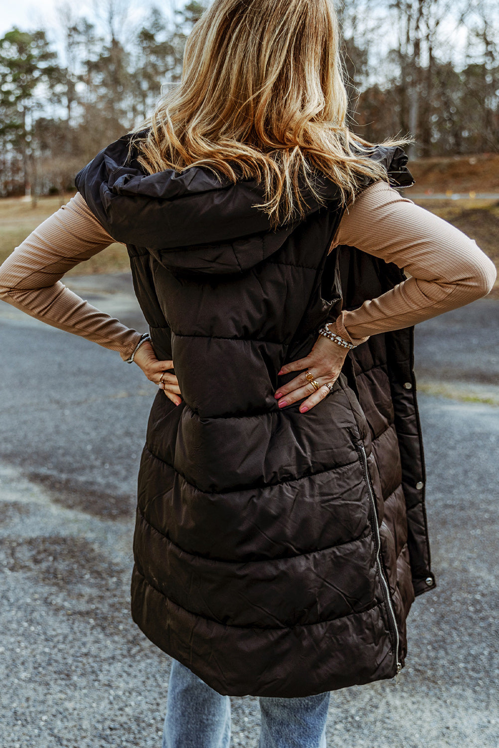 Black Hooded Long Quilted Vest Coat-1