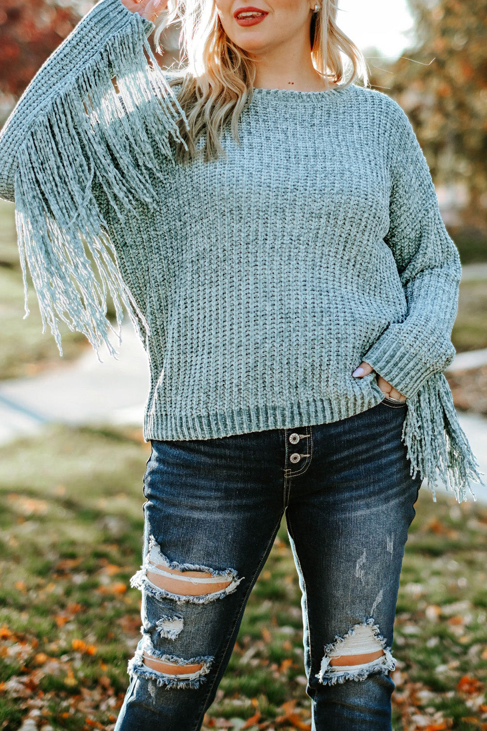 Gray Plus Size Fringed Long Sleeve Knit Sweater-0