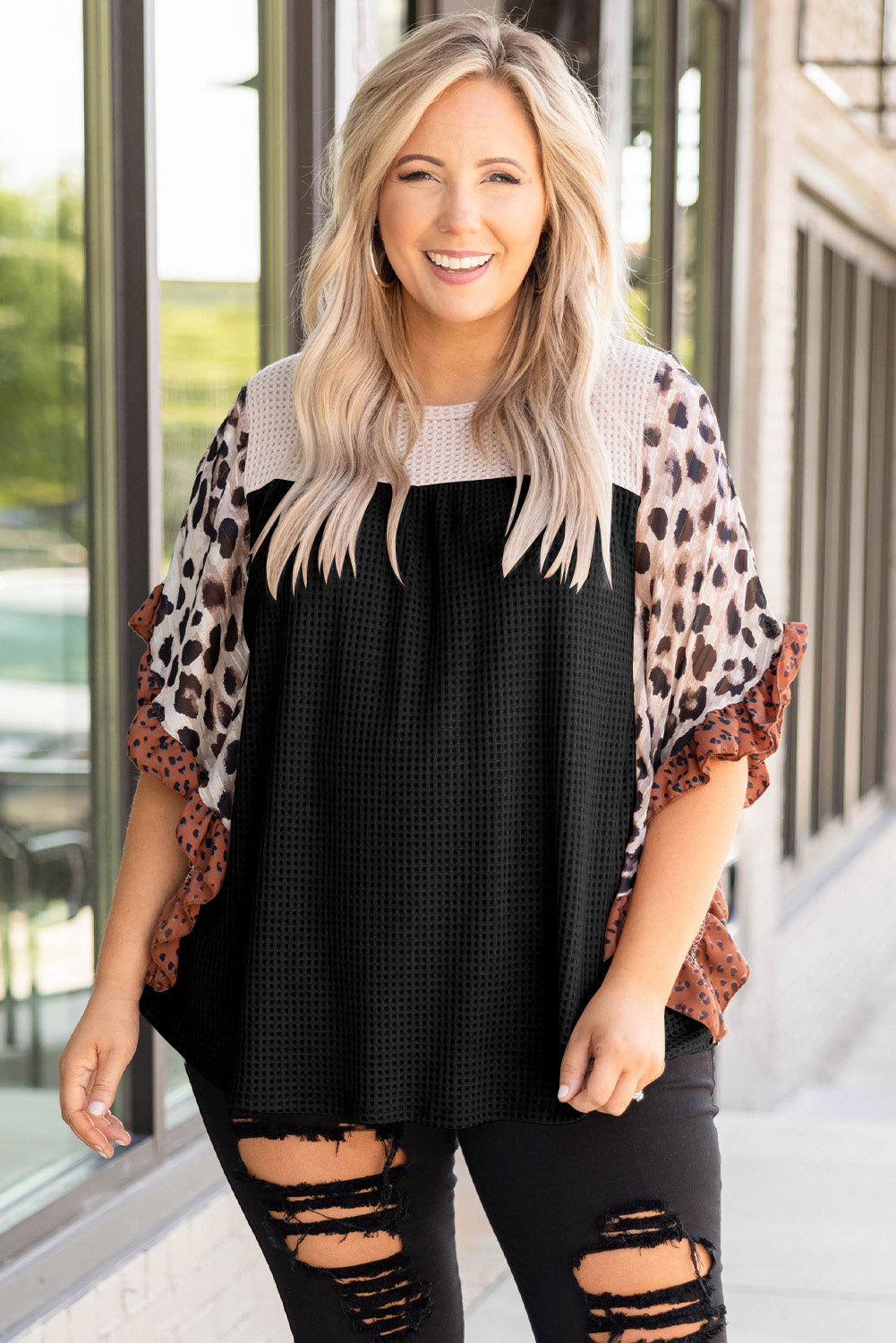 Black Waffle Knit Animal Print Ruffle Sleeves Plus Size Top-3