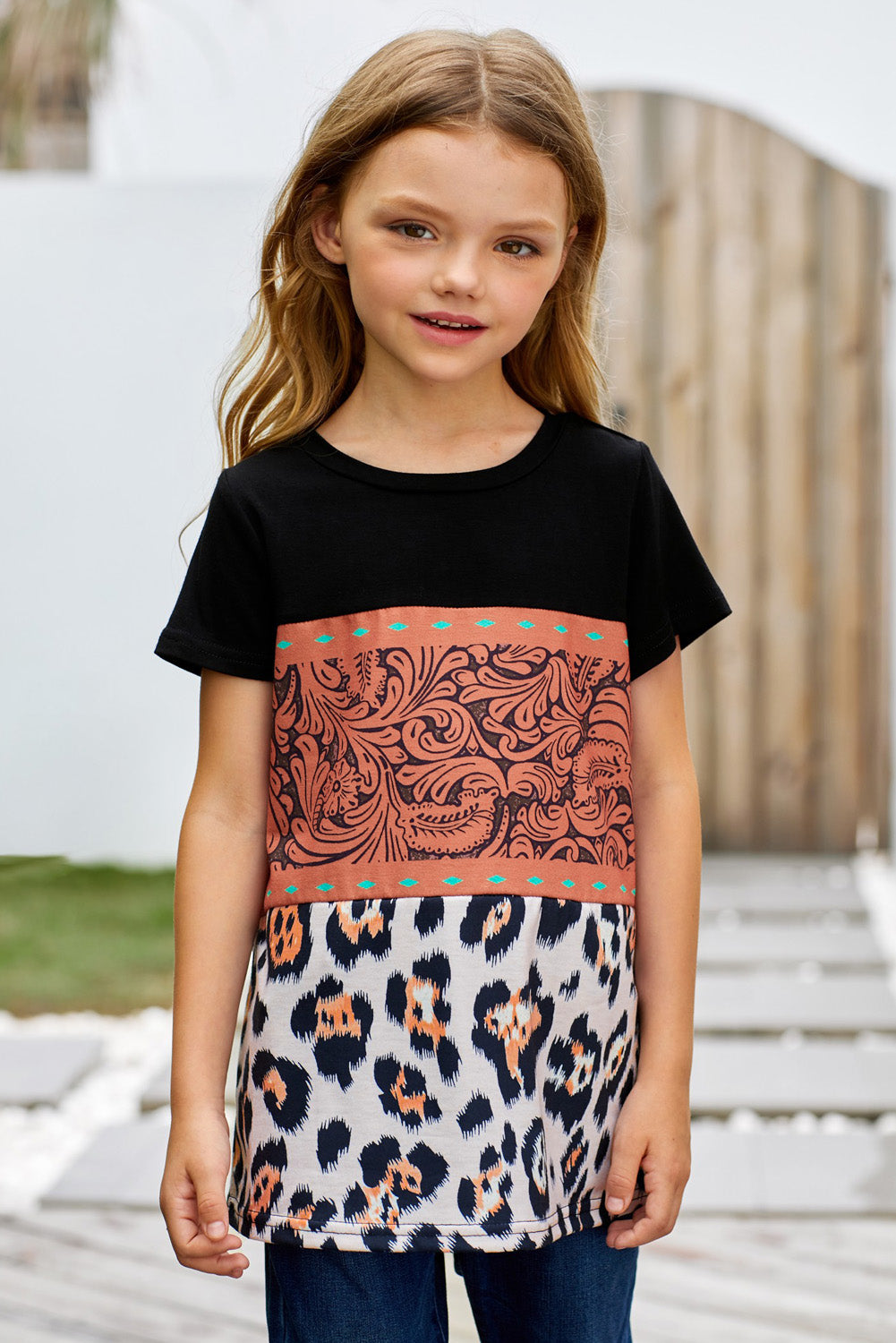 Brown Print Leopard Colorblock Girls' T-shirt-9