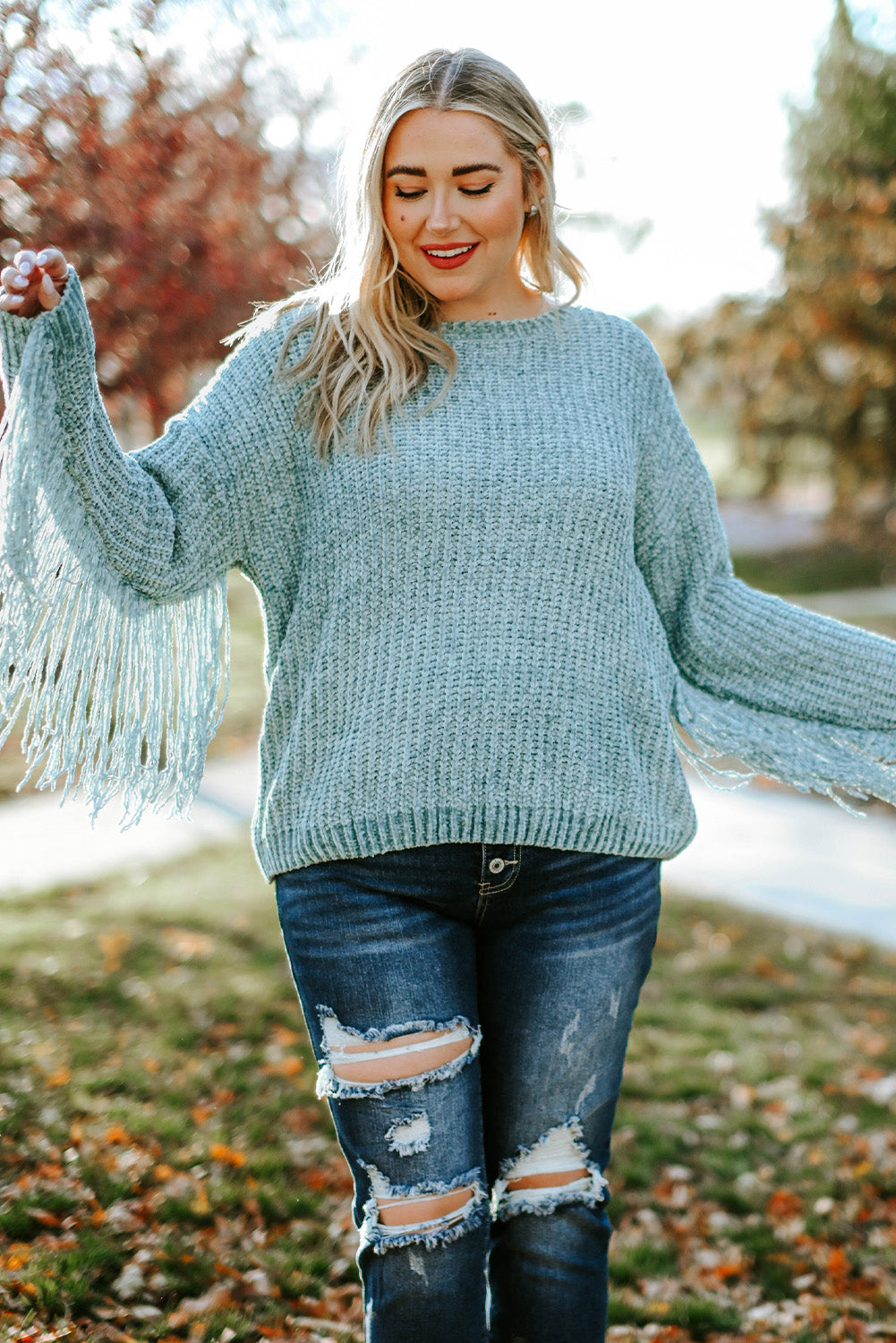 Gray Plus Size Fringed Long Sleeve Knit Sweater-1