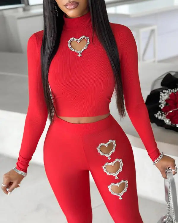 Hollow Heart Rhinestone Top & Pants Set