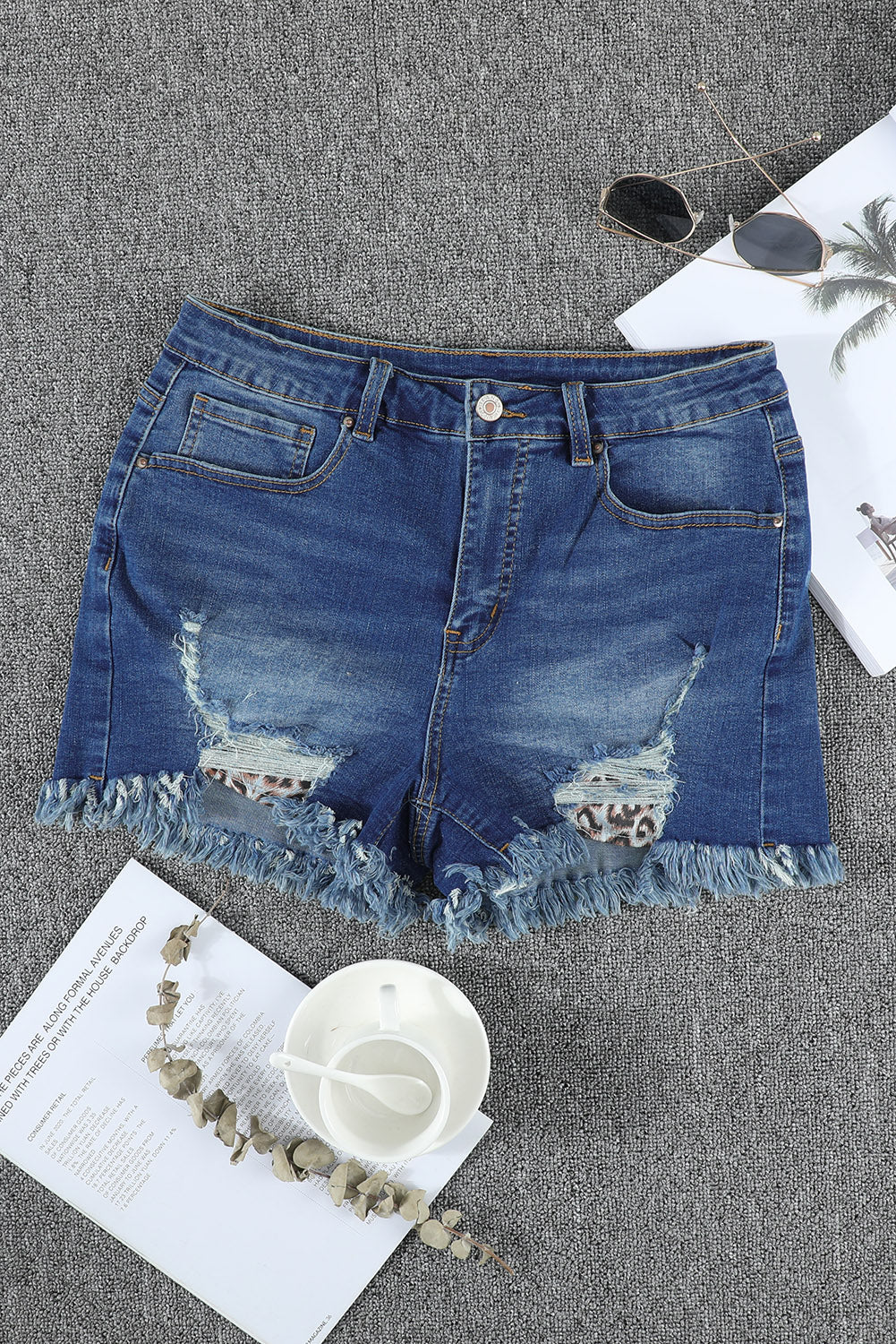 Leopard Pocket Low Rise Distresses Denim Shorts-10