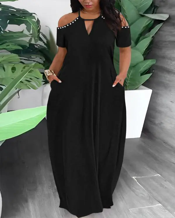 Plus Size Cold Shoulder Pearls Decor Maxi Dress