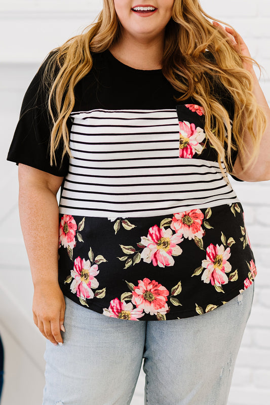 Black Plus Size Splicing Block Stripe Floral Short Sleeve Top-0