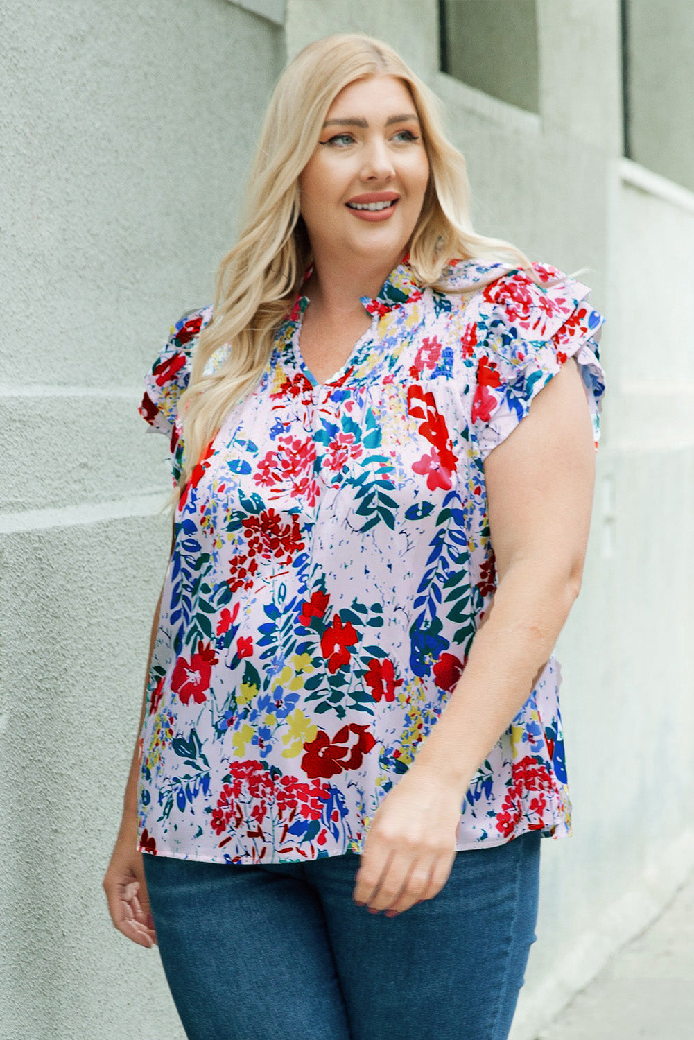 Red Plus Floral Print Ruffle Cap Sleeve V Neck Blouse-4