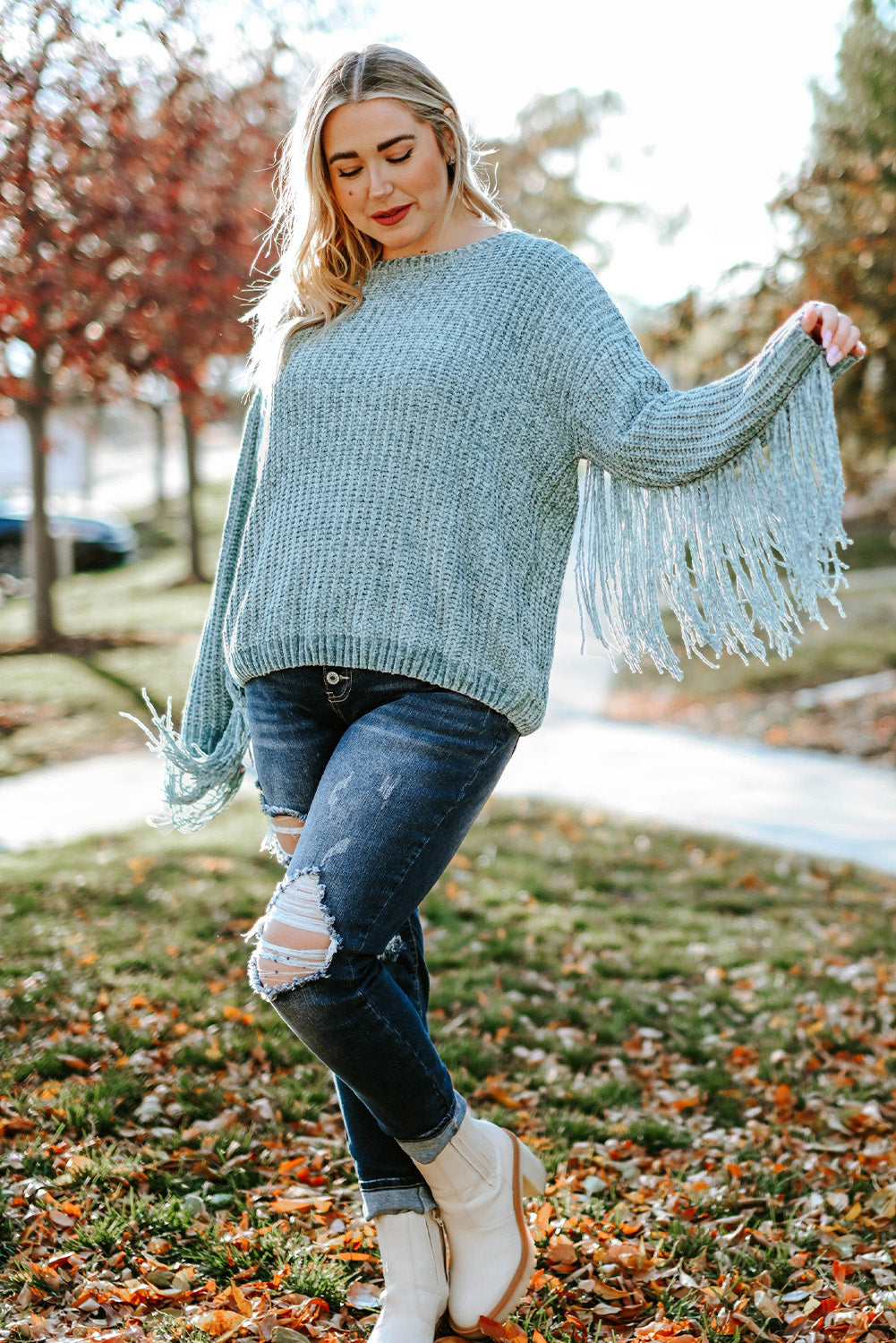 Gray Plus Size Fringed Long Sleeve Knit Sweater-5