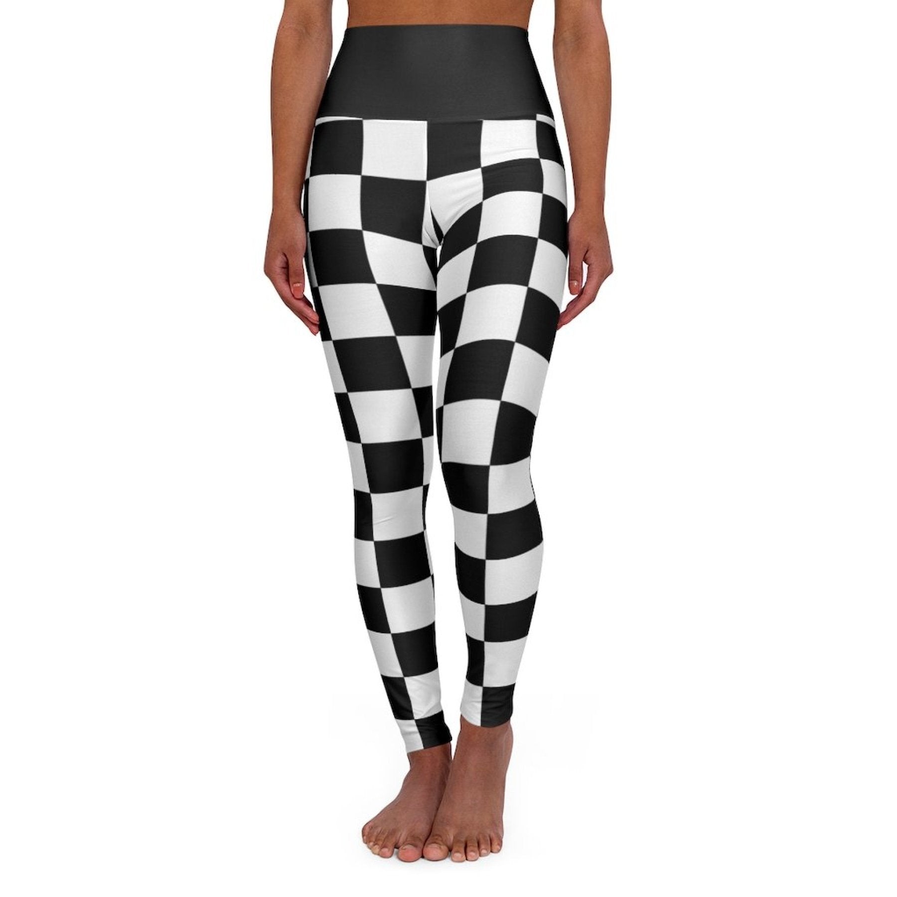 High Waisted Yoga Leggings, Black And White Checker Style Fitness Pants-7