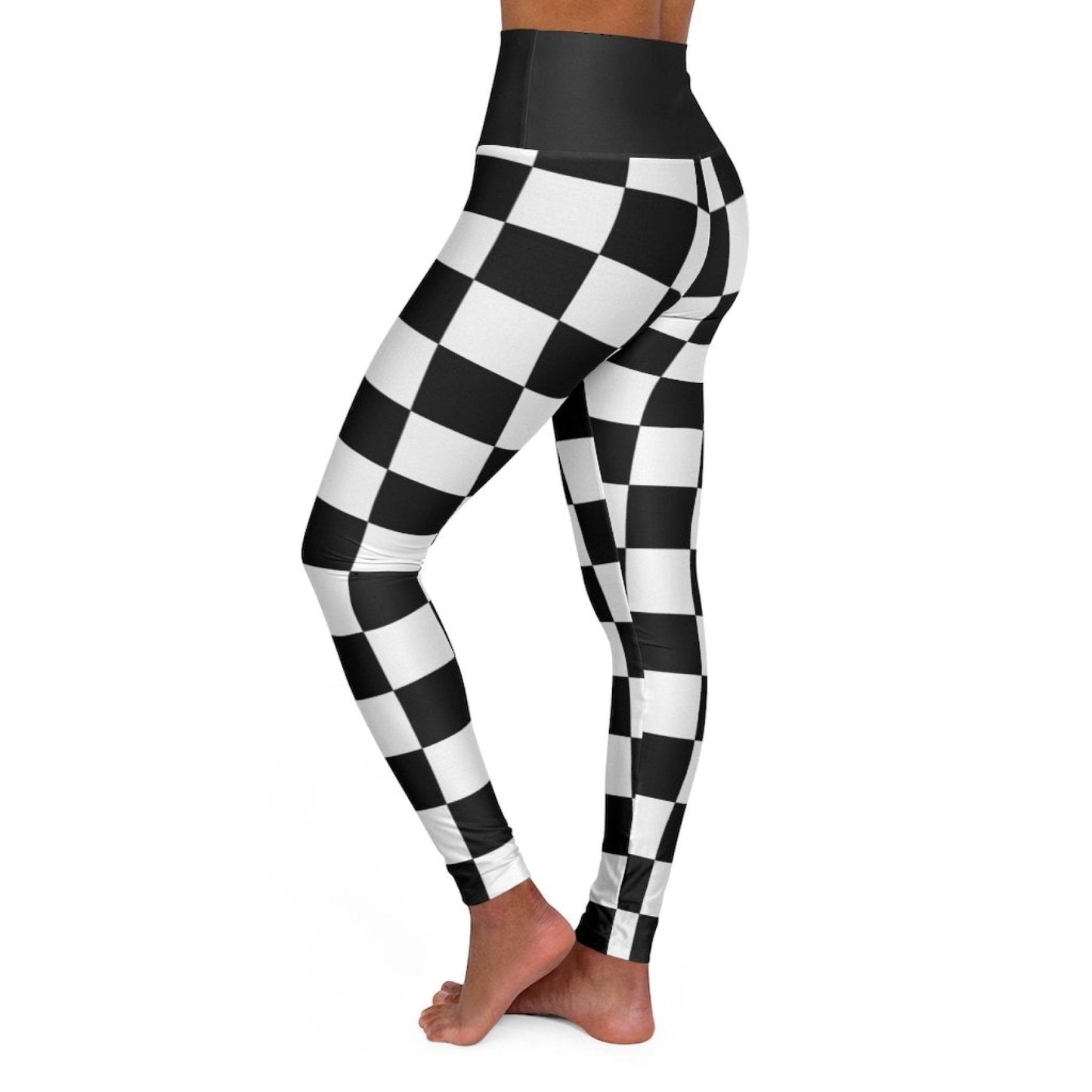 High Waisted Yoga Leggings, Black And White Checker Style Fitness Pants-9