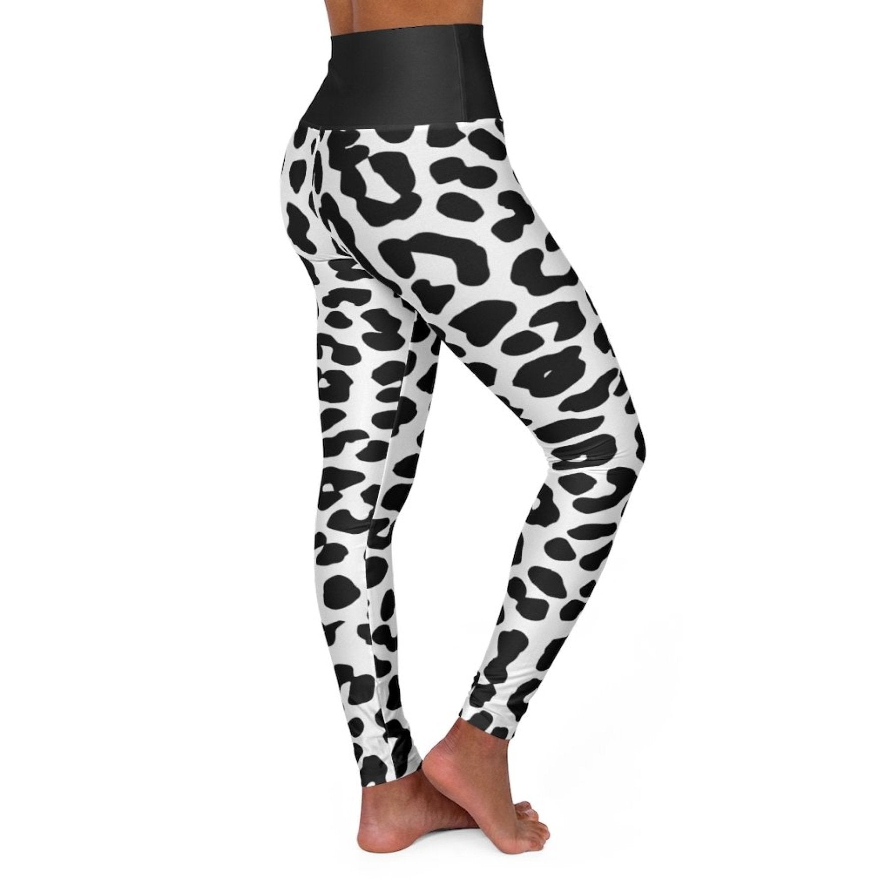 High Waisted Yoga Leggings, Black And White Two-Tone Leopard Style Pants-0