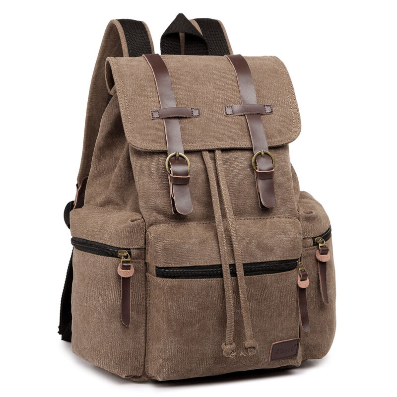 Unisex Real Leather Canvas Backpack Large School Shoulder Bag Rucksack