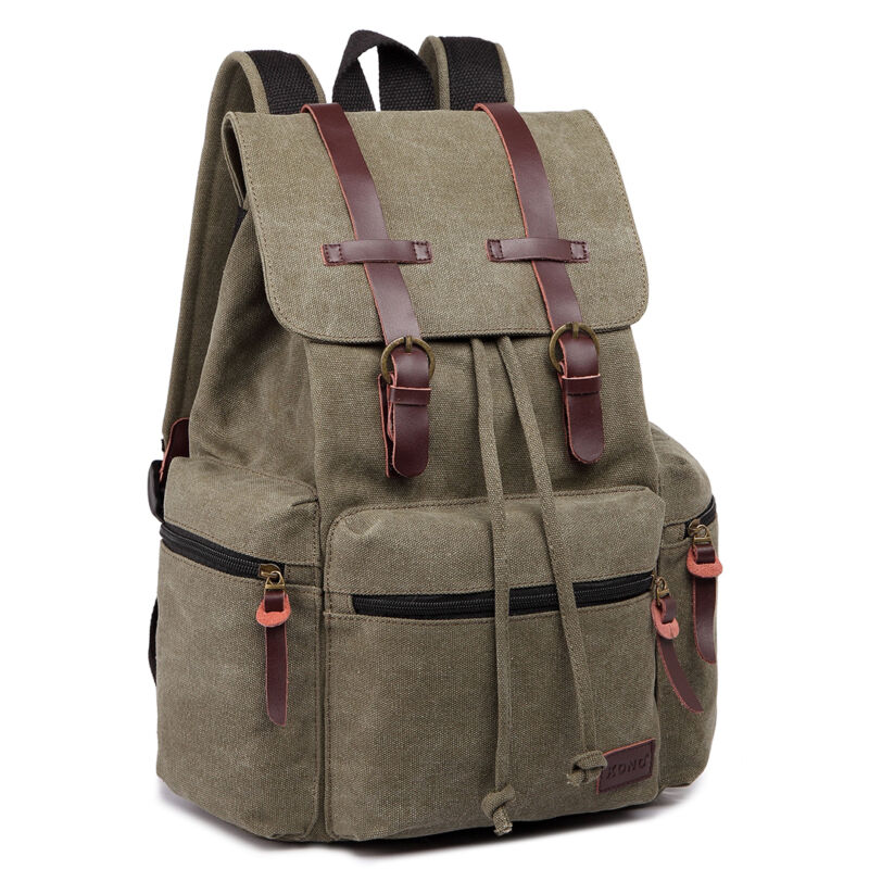 Unisex Real Leather Canvas Backpack Large School Shoulder Bag Rucksack