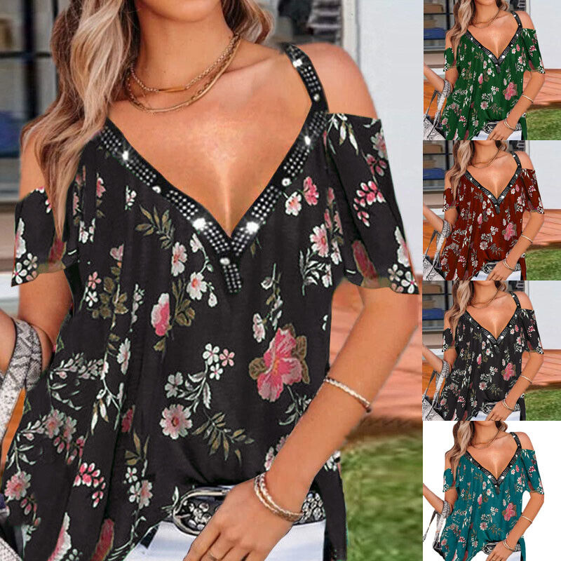 Ladies Summer Casual Cold Shoulder Tops Shirt Plus Size Floral Blouse V neck Tee