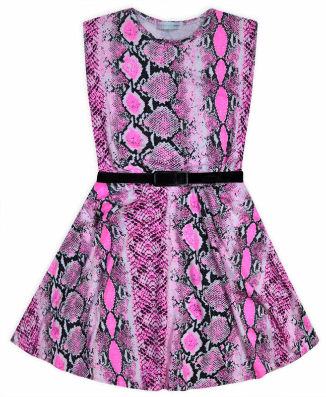 Girls Skater Dress Pink Snake Print New Kids Party Summer Dresses Age 5-13 Years