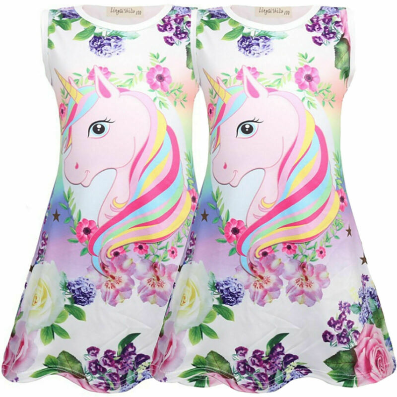 Kids Girls Unicorn Princess Dress Summer Party Sleeveless Tank Dress Sundress