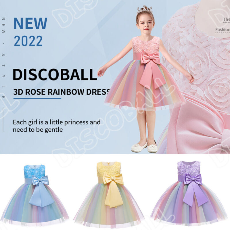 Girls Bridesmaid Dress Flower Kids Party Rose Bow Wedding Dresses Princess UK