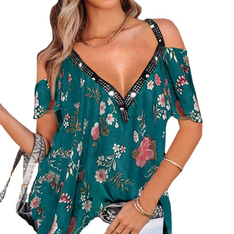 Ladies Summer Casual Cold Shoulder Tops Shirt Plus Size Floral Blouse V neck Tee