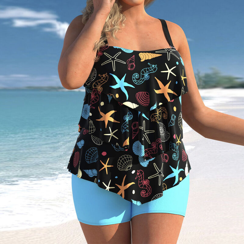 Plus Size Womens Ruffle Tankini Shorts Set Swimming Costume Swimsuit Swim Dress