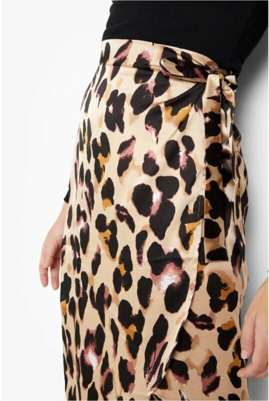 Leopard Print Satin Wrap Midi Skirt Tan Ex Online Retailer size 6 to 16