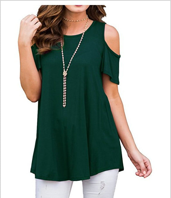 Womens Cold Shoulder Tops Summer T-Shirt Ladies Short Sleeve Swing Baggy Blouse