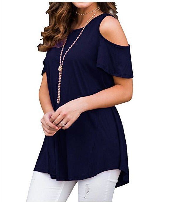 Womens Cold Shoulder Tops Summer T-Shirt Ladies Short Sleeve Swing Baggy Blouse