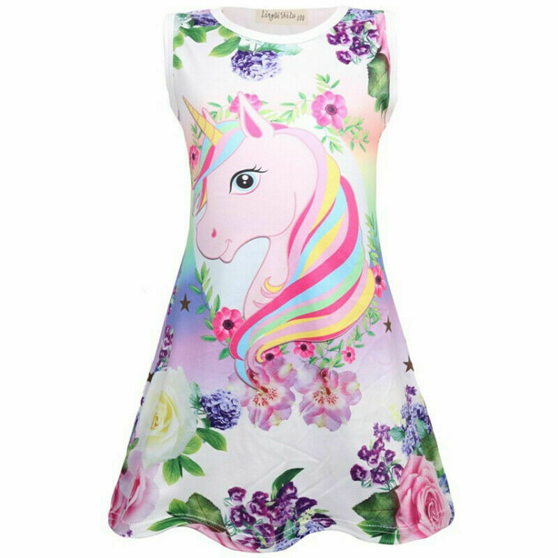 Kids Girls Unicorn Princess Dress Summer Party Sleeveless Tank Dress Sundress