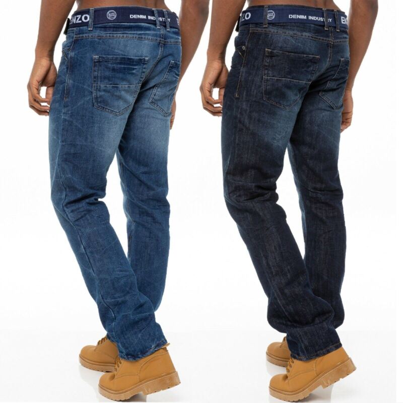 Enzo Mens Jeans Straight Leg Denim Pants Regular Fit Free Belt Trousers UK Sizes