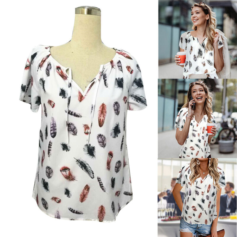 Womens Plus Size T Shirts Short Sleeve Ladies Loose Blouse V-Neck Print Tops Tee