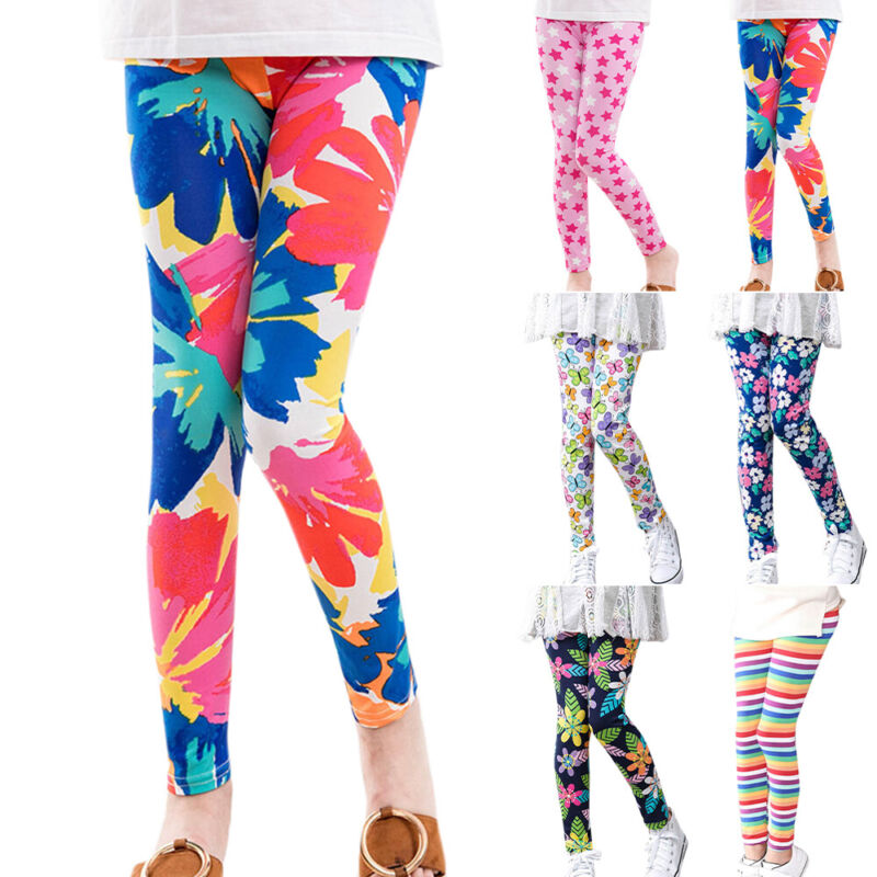 Kids Girls Abstract Floral Leggings Slim Fit Pants Fitness Sports Dance Trousers