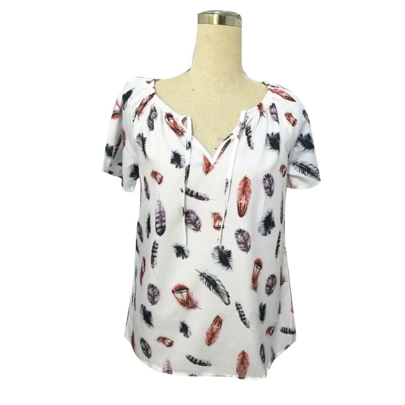 Womens Plus Size T Shirts Short Sleeve Ladies Loose Blouse V-Neck Print Tops Tee